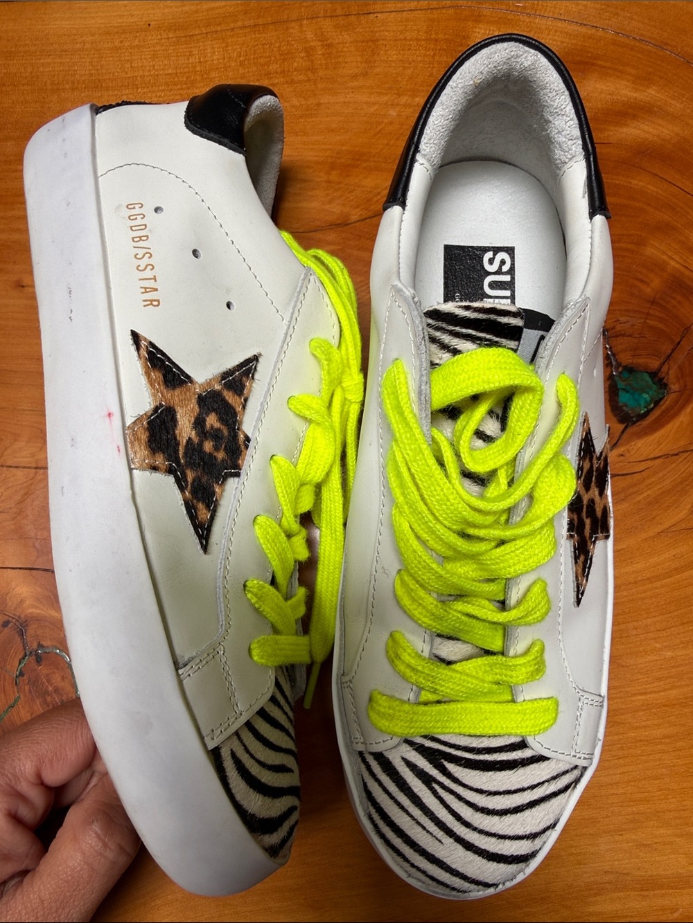 Golden Goose Leopard Star Zebra Trim Sneakers with Neon Laces